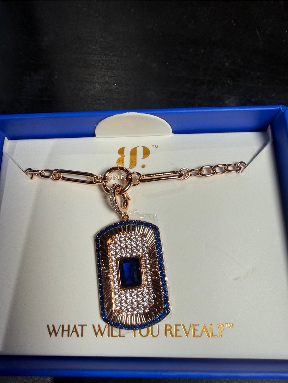 Rose-Gold Necklace with Deep Blue Crystal Pendant and Pavé Accents